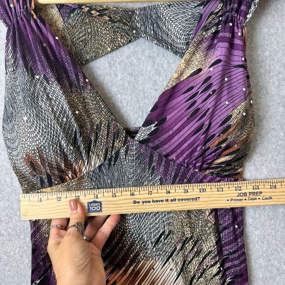 Y2K sleeveless babydoll maxi dress multi-color abstract print V-neckline Studded - Picture 8 of 14